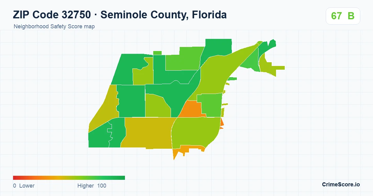 ZIP Code 32750 in Seminole County, Florida neighborhood Safety Score map