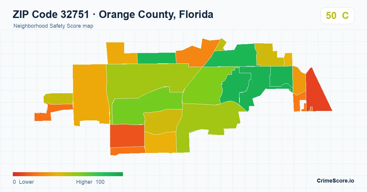 ZIP Code 32751 in Orange County, Florida neighborhood Safety Score map