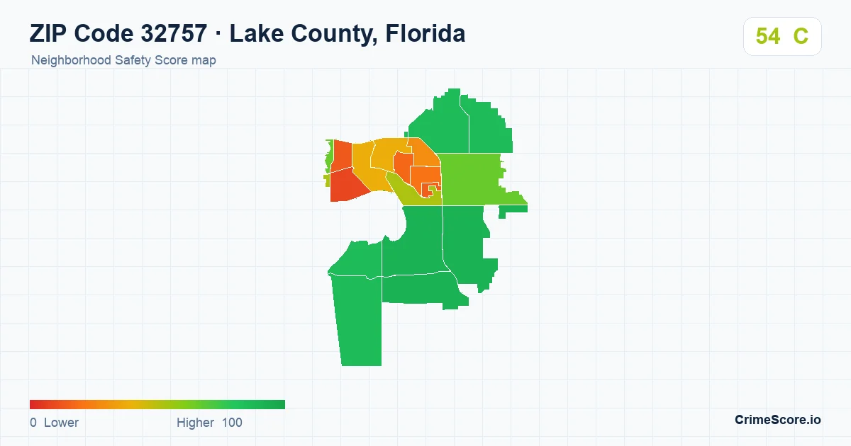 ZIP Code 32757 in Lake County, Florida neighborhood Safety Score map