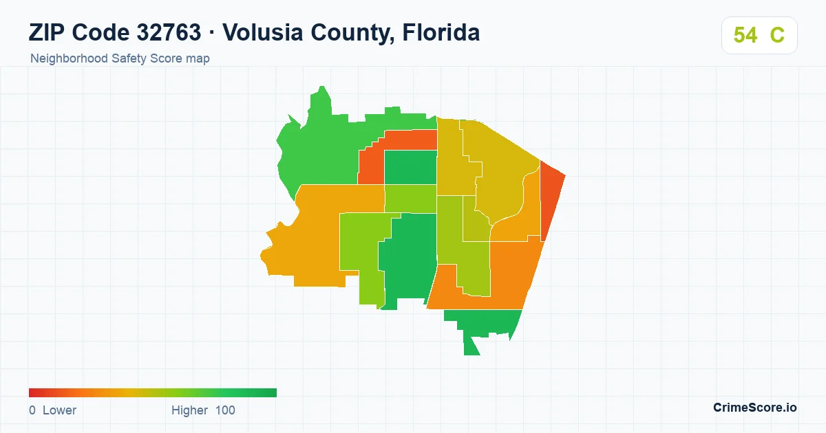 ZIP Code 32763 in Volusia County, Florida neighborhood Safety Score map