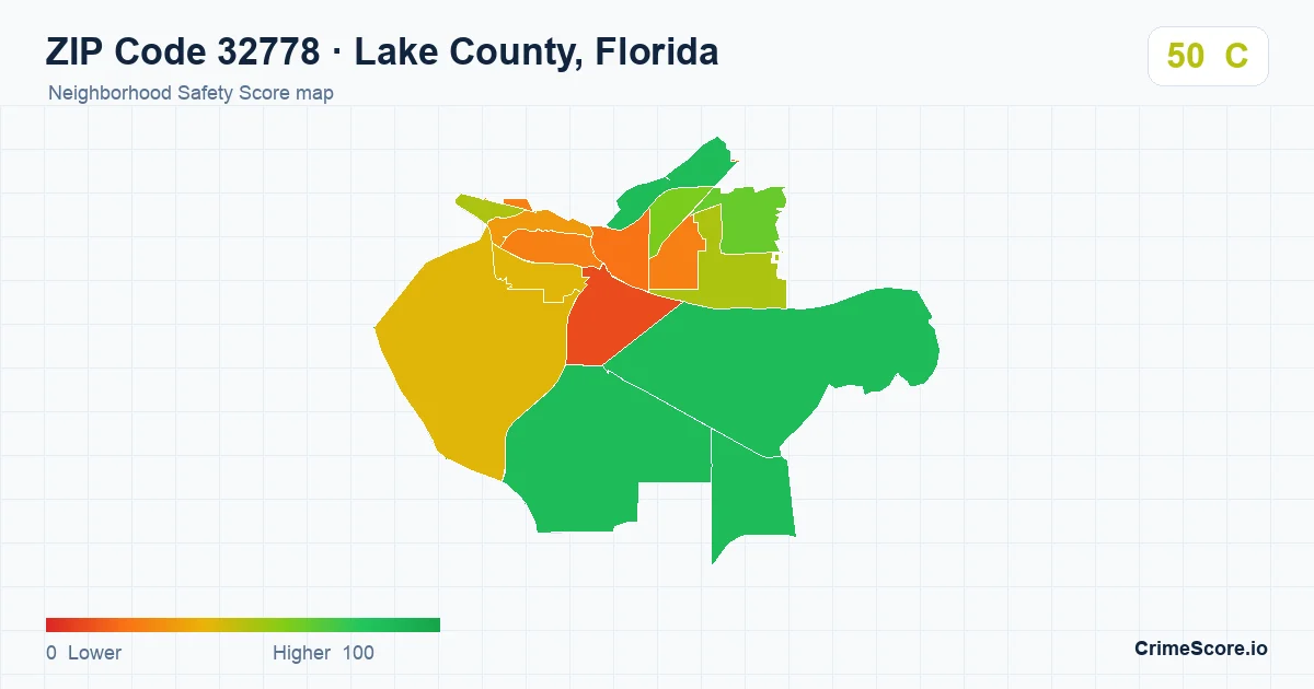 ZIP Code 32778 in Lake County, Florida neighborhood Safety Score map