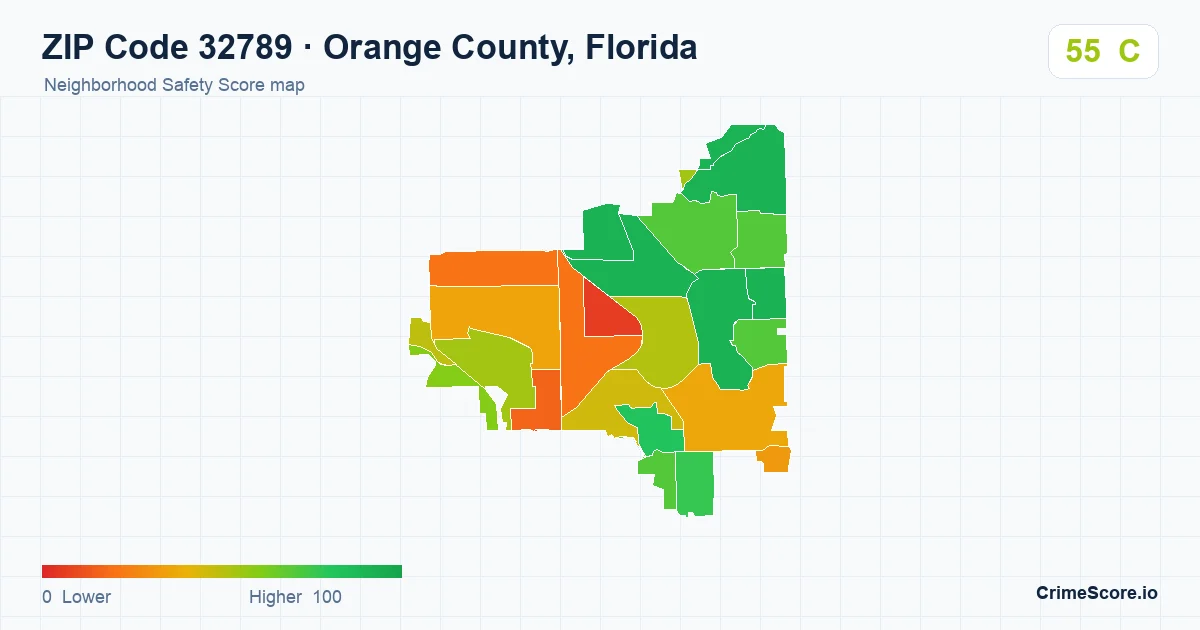 ZIP Code 32789 in Orange County, Florida neighborhood Safety Score map