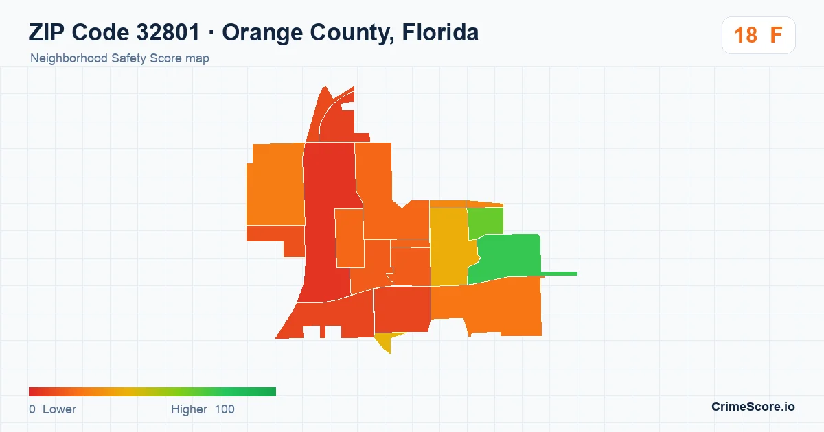ZIP Code 32801 in Orange County, Florida neighborhood Safety Score map