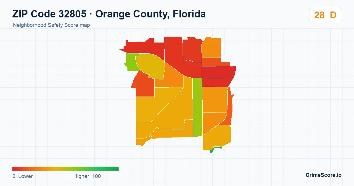 ZIP Code 32805 in Orange County, Florida neighborhood Safety Score map