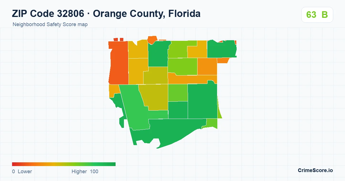 ZIP Code 32806 in Orange County, Florida neighborhood Safety Score map