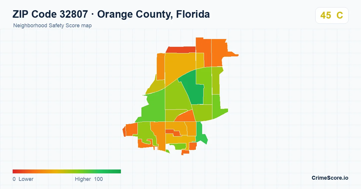 ZIP Code 32807 in Orange County, Florida neighborhood Safety Score map