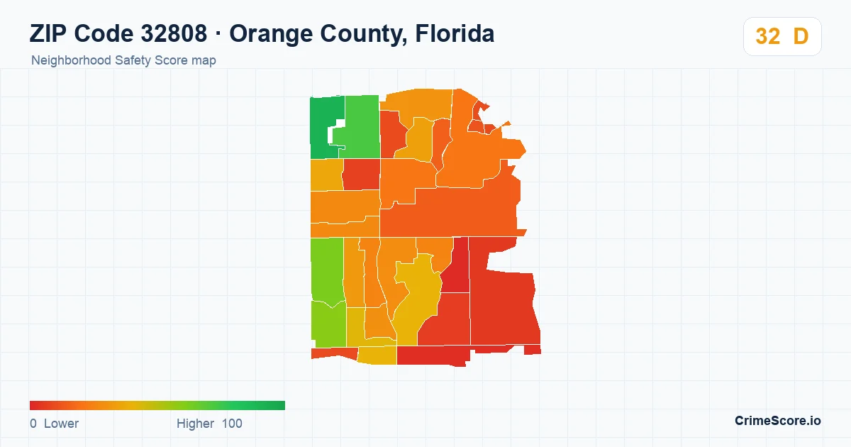 ZIP Code 32808 in Orange County, Florida neighborhood Safety Score map