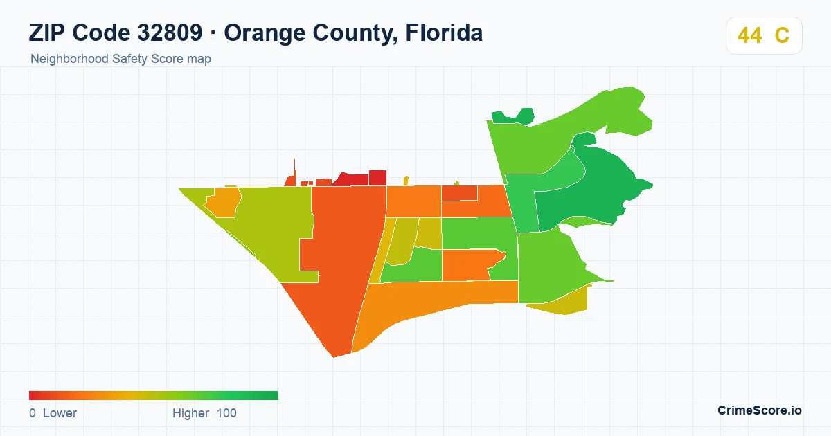 ZIP Code 32809 in Orange County, Florida neighborhood Safety Score map