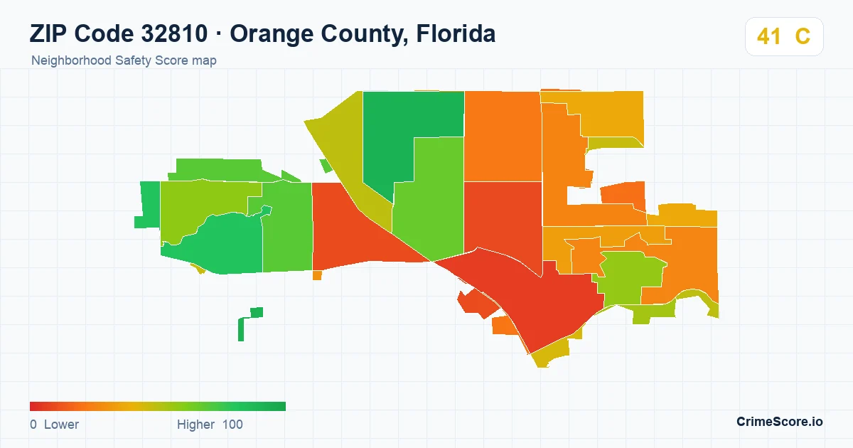 ZIP Code 32810 in Orange County, Florida neighborhood Safety Score map