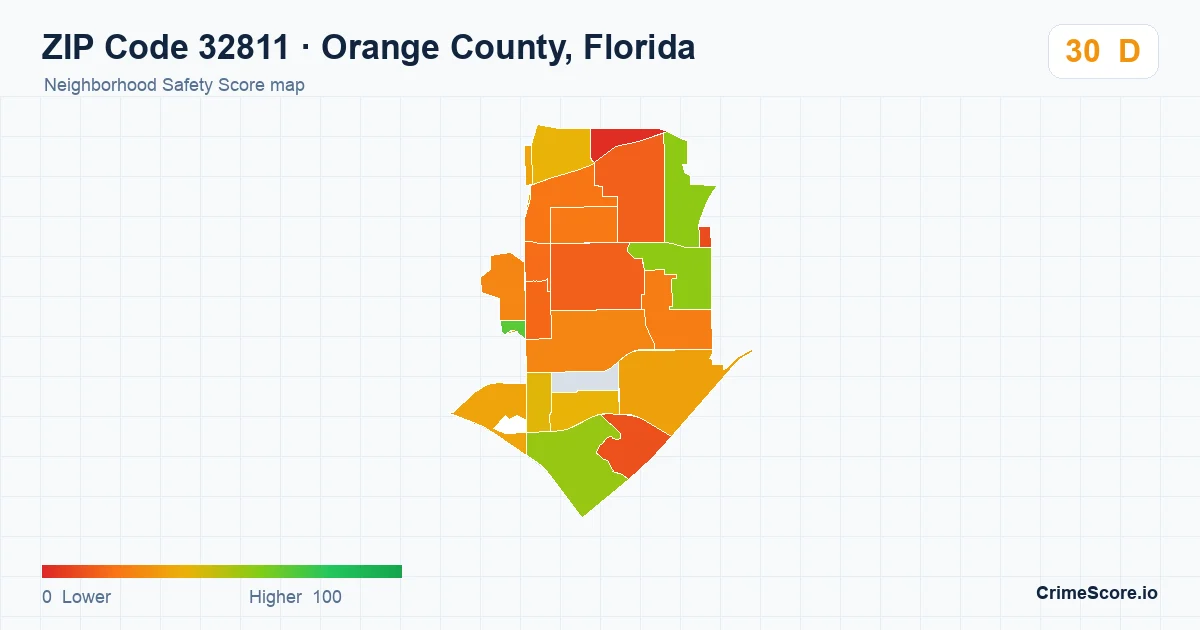 ZIP Code 32811 in Orange County, Florida neighborhood Safety Score map