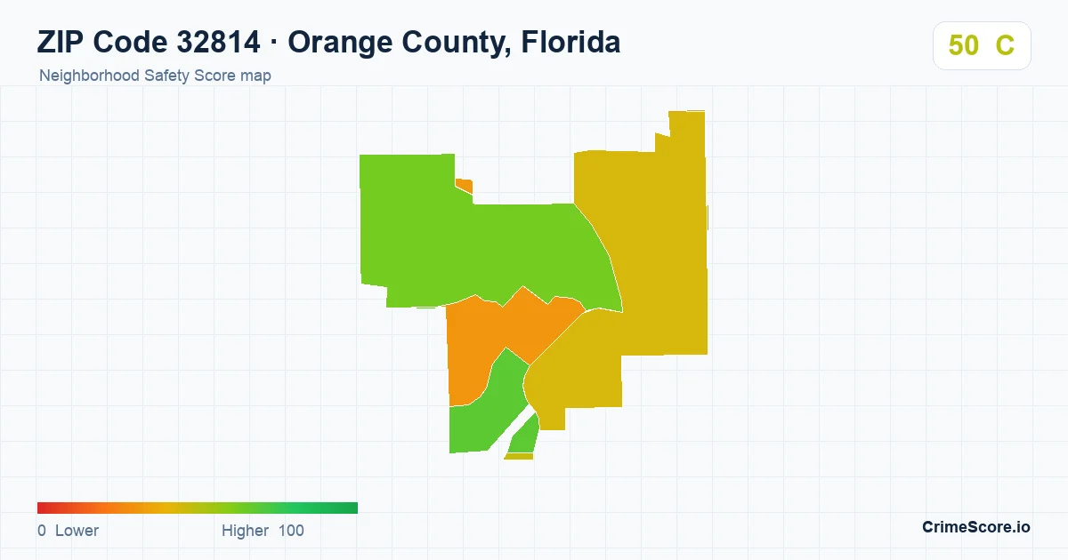 ZIP Code 32814 in Orange County, Florida neighborhood Safety Score map