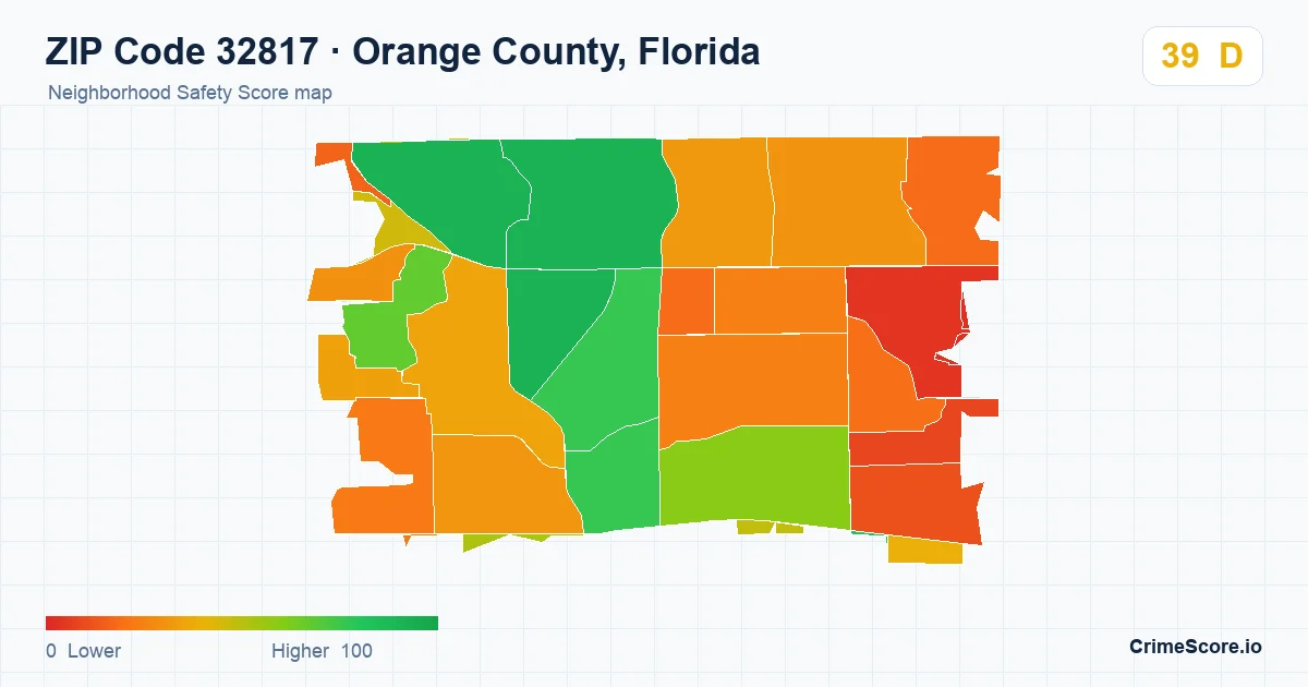 ZIP Code 32817 in Orange County, Florida neighborhood Safety Score map