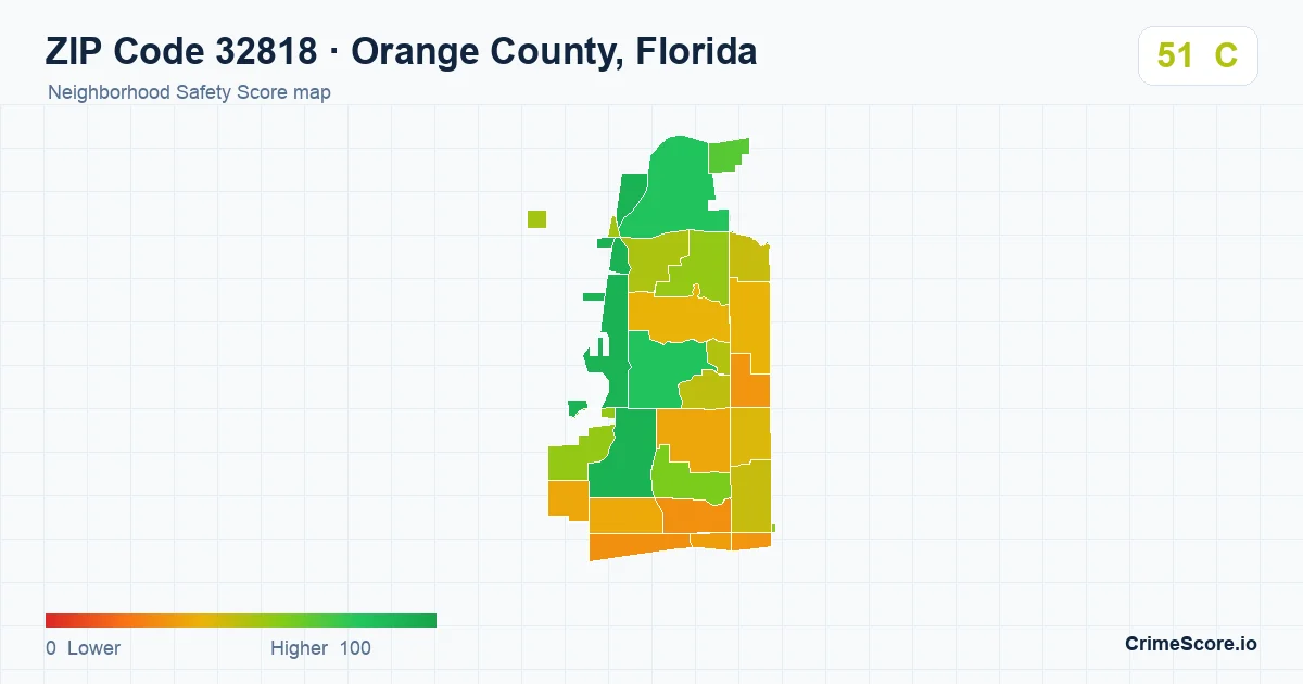 ZIP Code 32818 in Orange County, Florida neighborhood Safety Score map