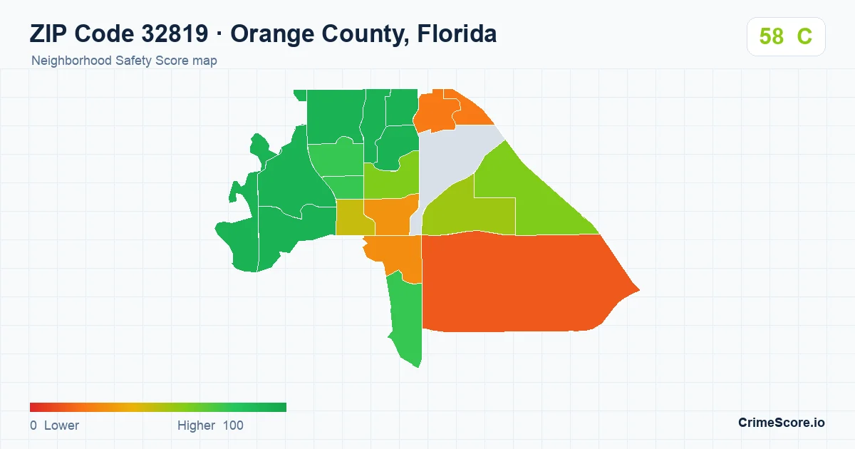 ZIP Code 32819 in Orange County, Florida neighborhood Safety Score map
