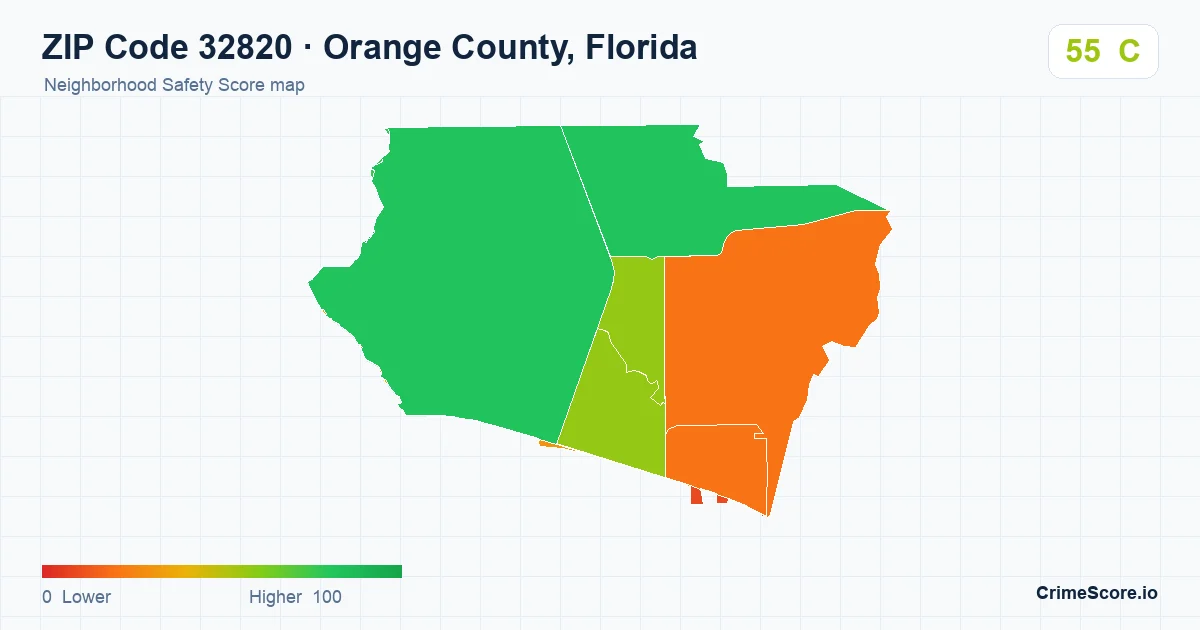 ZIP Code 32820 in Orange County, Florida neighborhood Safety Score map