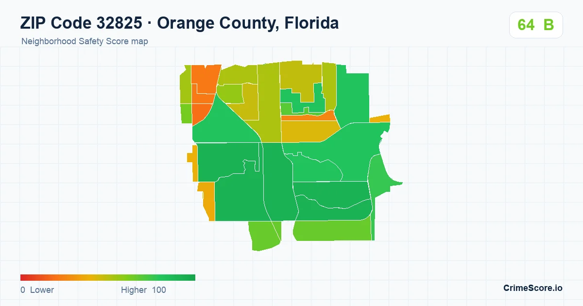 ZIP Code 32825 in Orange County, Florida neighborhood Safety Score map