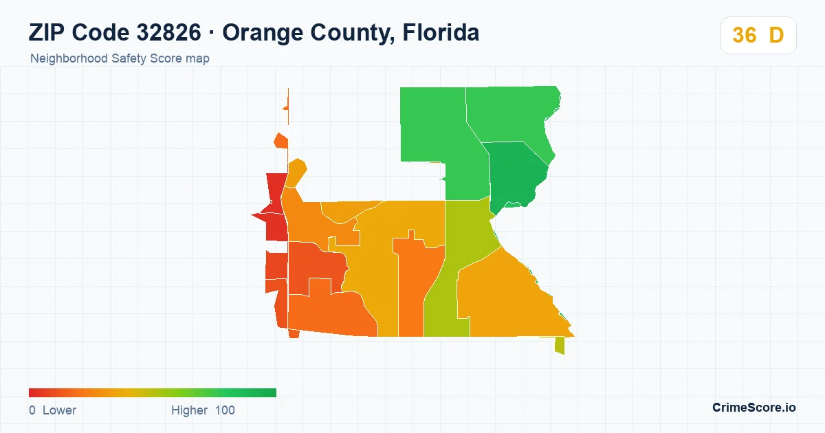 ZIP Code 32826 in Orange County, Florida neighborhood Safety Score map