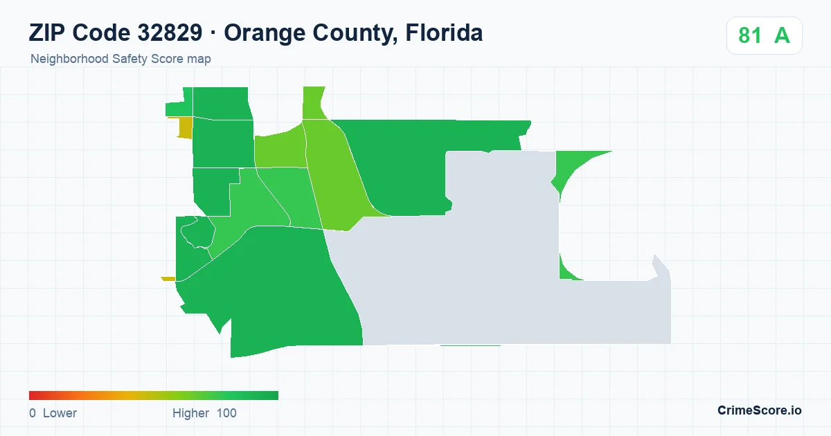 ZIP Code 32829 in Orange County, Florida neighborhood Safety Score map