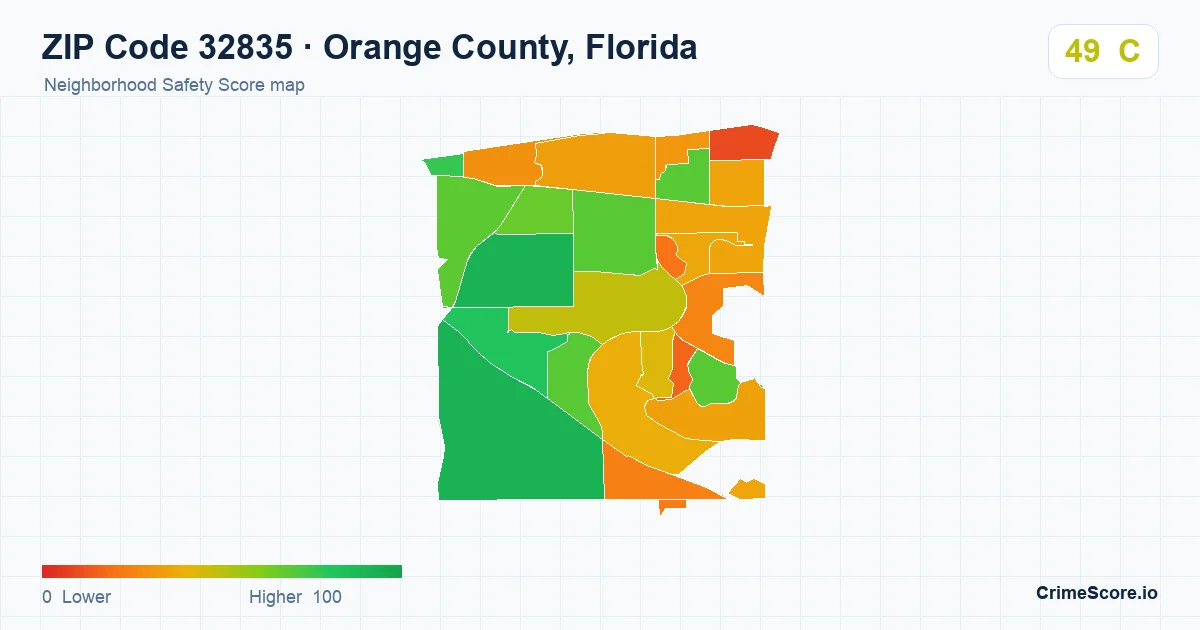 ZIP Code 32835 in Orange County, Florida neighborhood Safety Score map
