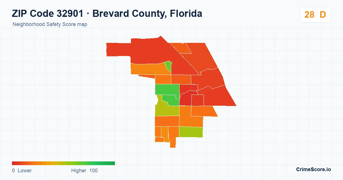 ZIP Code 32901 in Brevard County, Florida neighborhood Safety Score map
