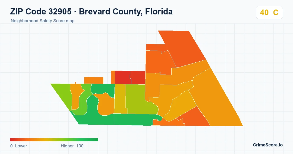 ZIP Code 32905 in Brevard County, Florida neighborhood Safety Score map