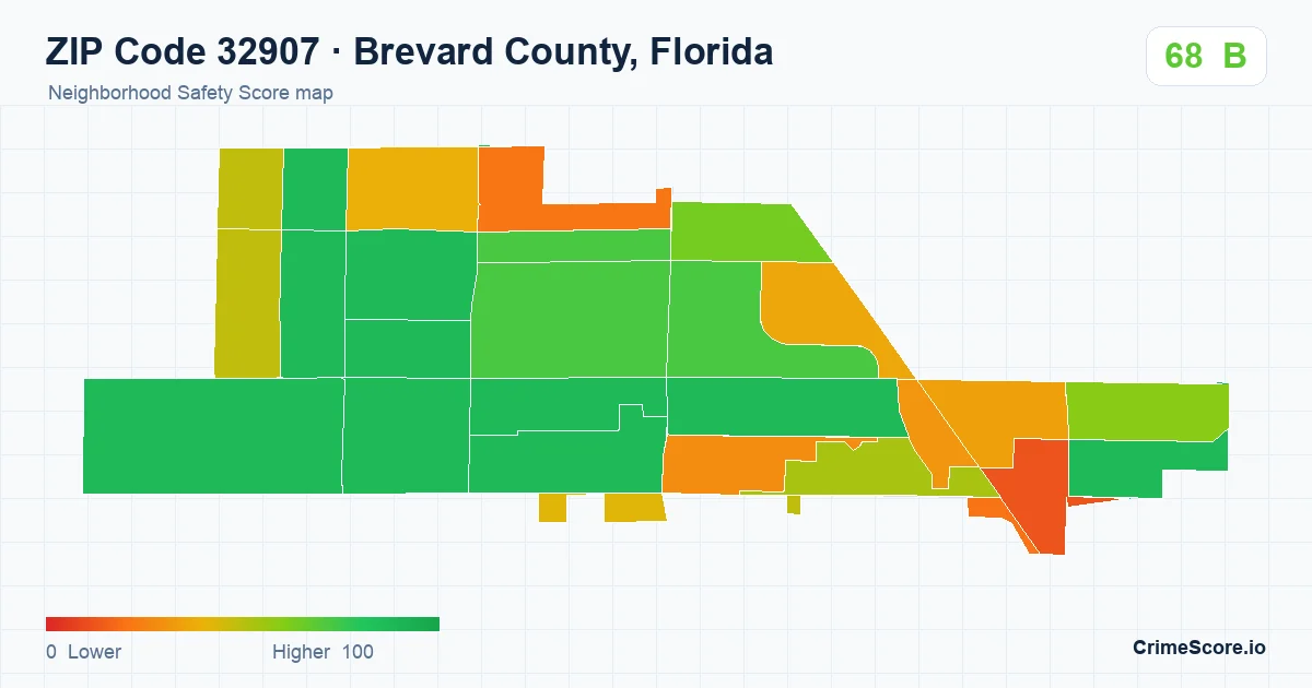 ZIP Code 32907 in Brevard County, Florida neighborhood Safety Score map