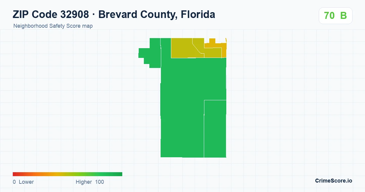 ZIP Code 32908 in Brevard County, Florida neighborhood Safety Score map