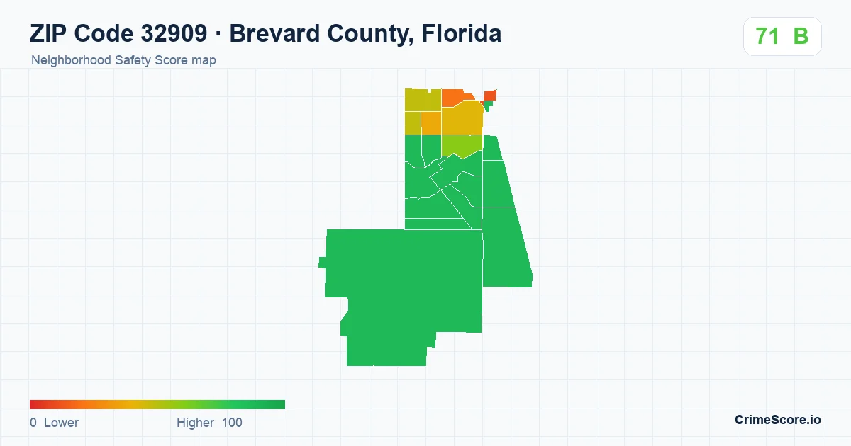 ZIP Code 32909 in Brevard County, Florida neighborhood Safety Score map