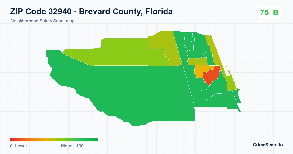ZIP Code 32940 in Brevard County, Florida neighborhood Safety Score map