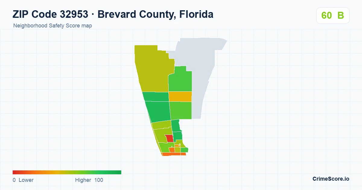 ZIP Code 32953 in Brevard County, Florida neighborhood Safety Score map