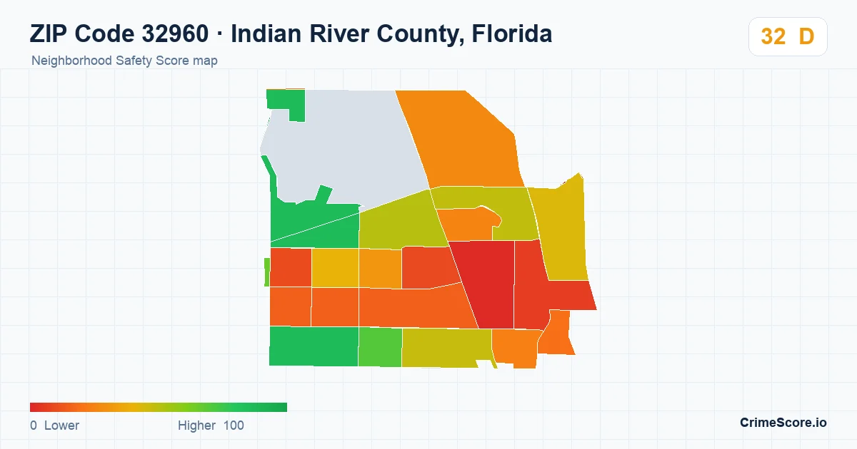 ZIP Code 32960 in Indian River County, Florida neighborhood Safety Score map
