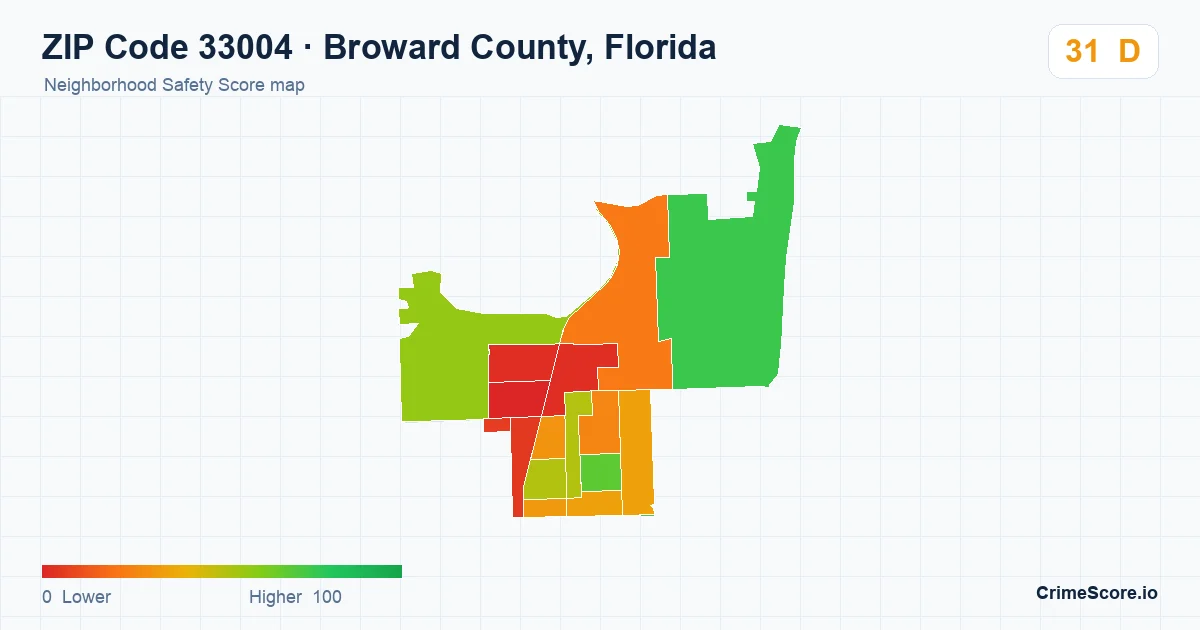 ZIP Code 33004 in Broward County, Florida neighborhood Safety Score map