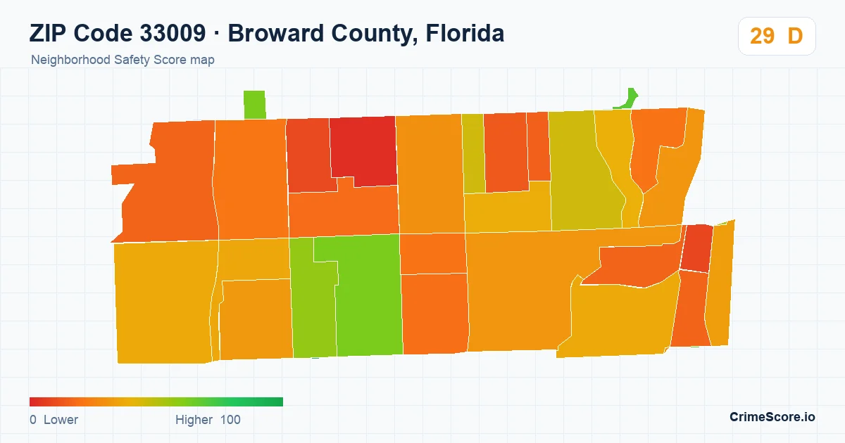 ZIP Code 33009 in Broward County, Florida neighborhood Safety Score map