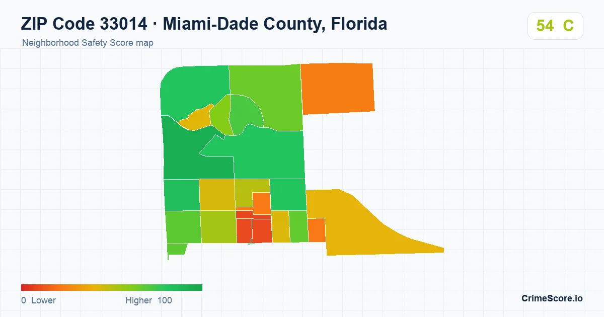 ZIP Code 33014 in Miami-Dade County, Florida neighborhood Safety Score map