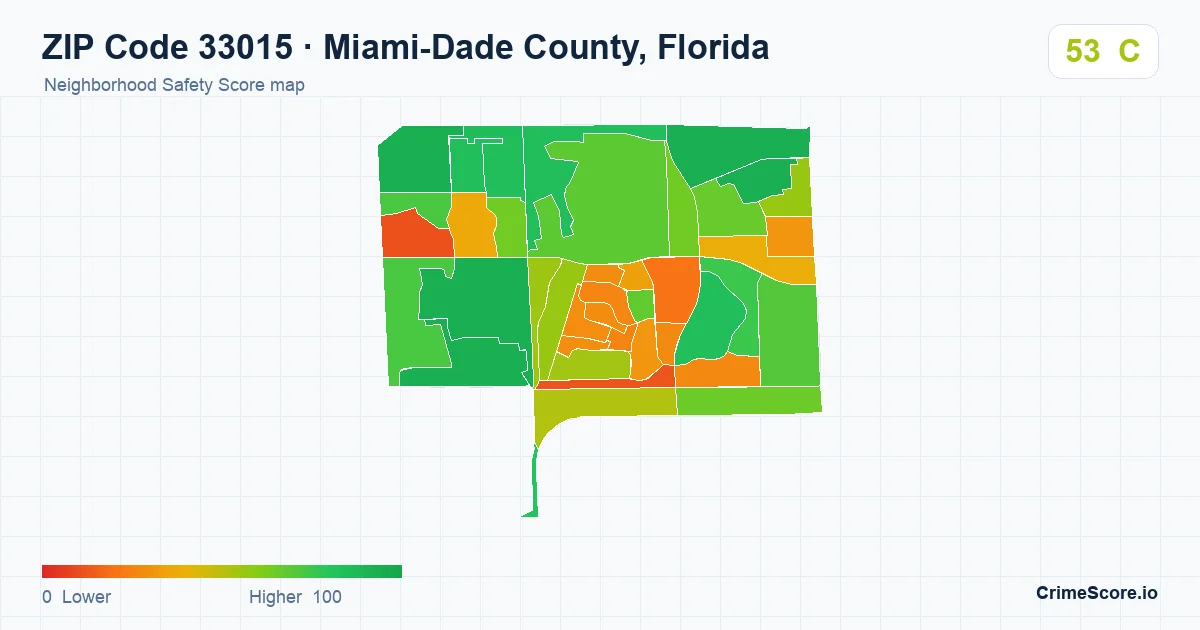 ZIP Code 33015 in Miami-Dade County, Florida neighborhood Safety Score map