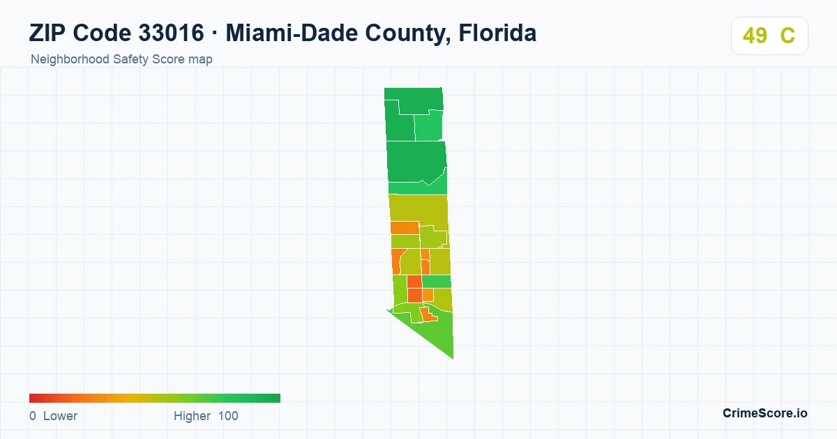 ZIP Code 33016 in Miami-Dade County, Florida neighborhood Safety Score map