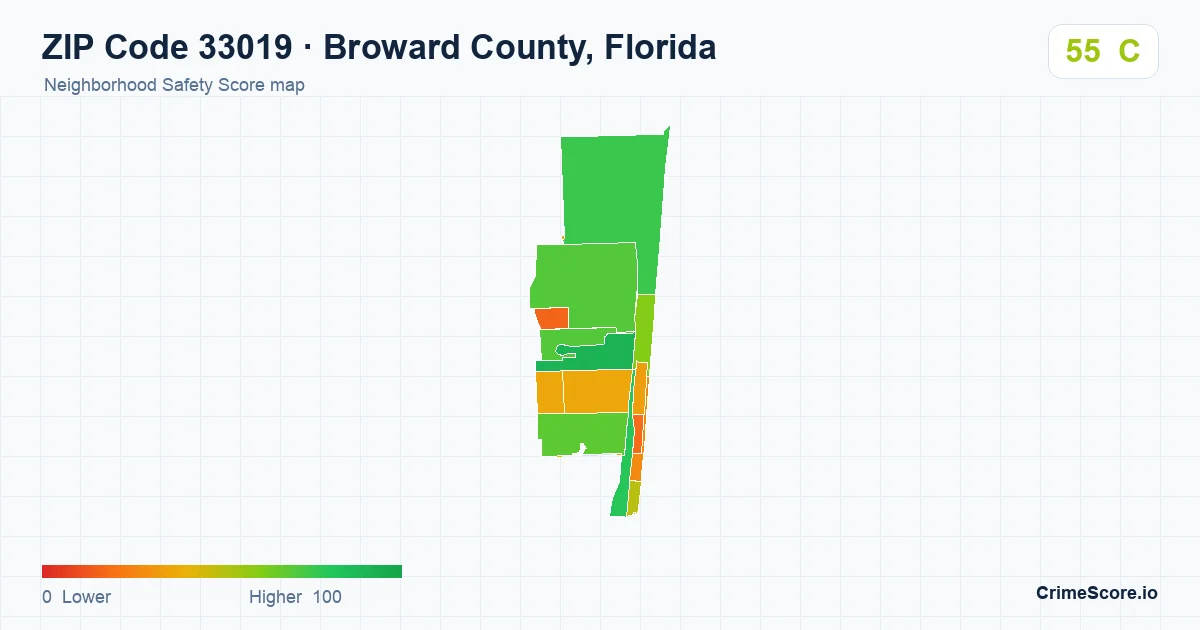 ZIP Code 33019 in Broward County, Florida neighborhood Safety Score map