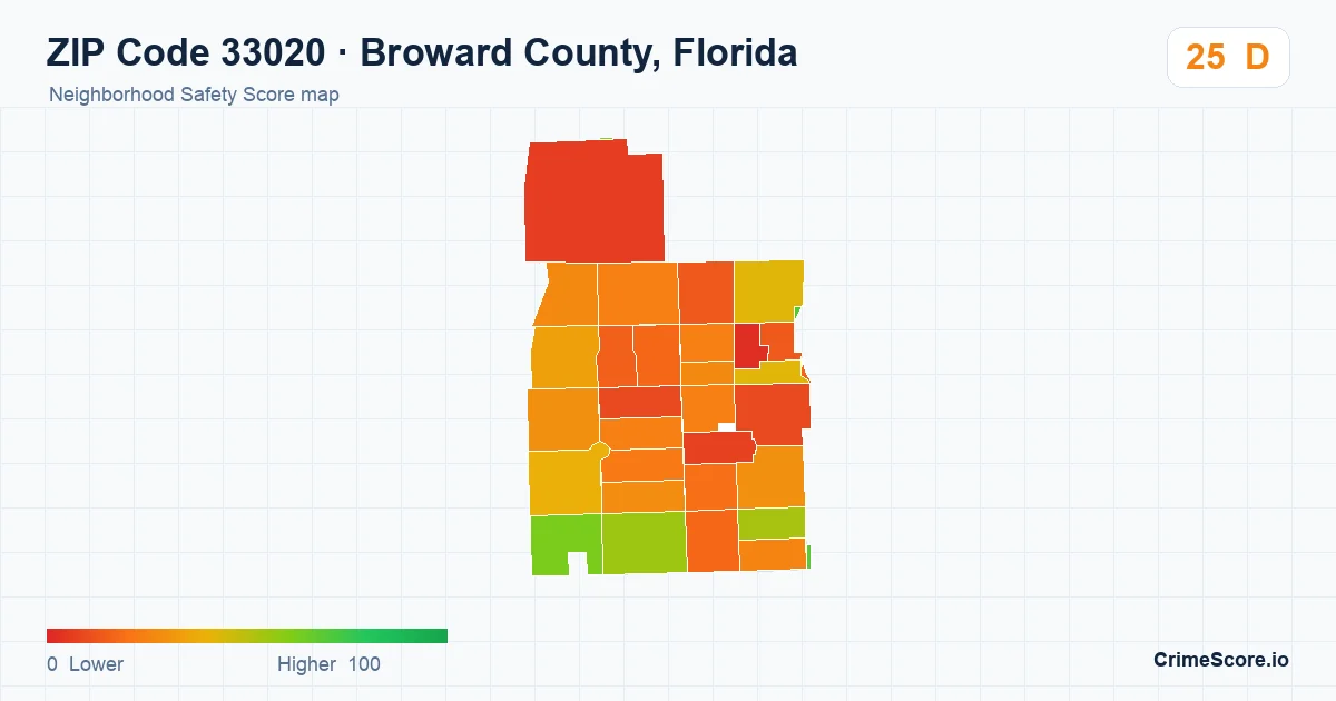 ZIP Code 33020 in Broward County, Florida neighborhood Safety Score map