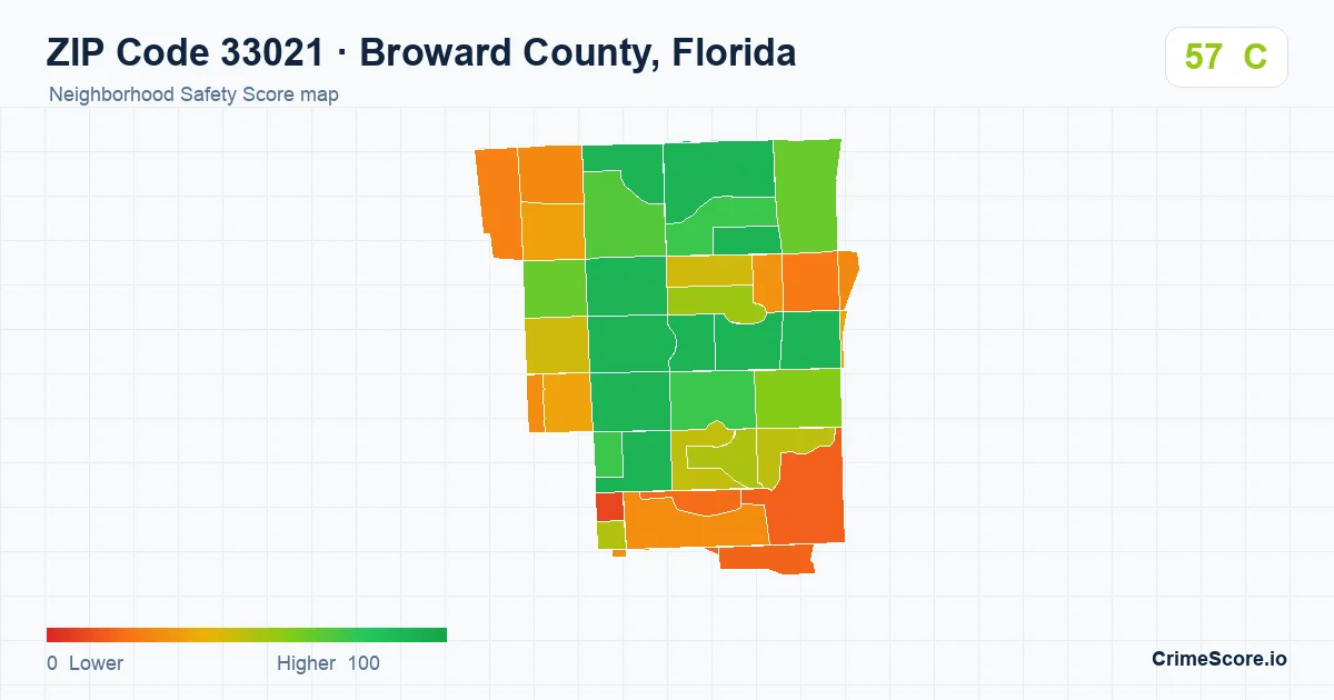 ZIP Code 33021 in Broward County, Florida neighborhood Safety Score map