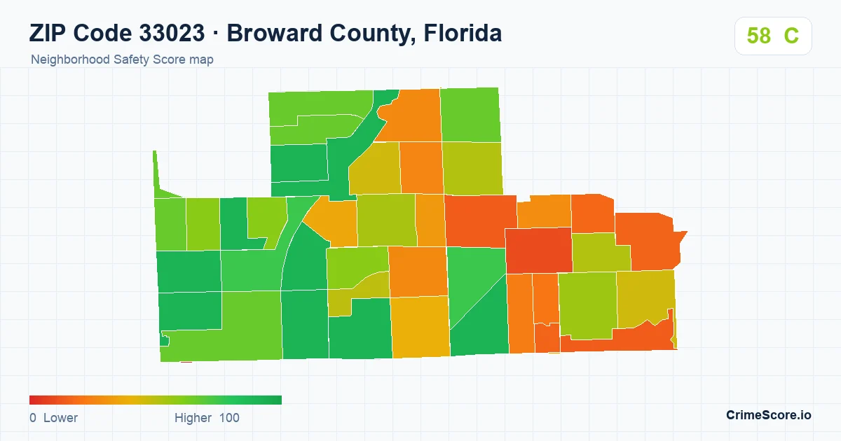 ZIP Code 33023 in Broward County, Florida neighborhood Safety Score map