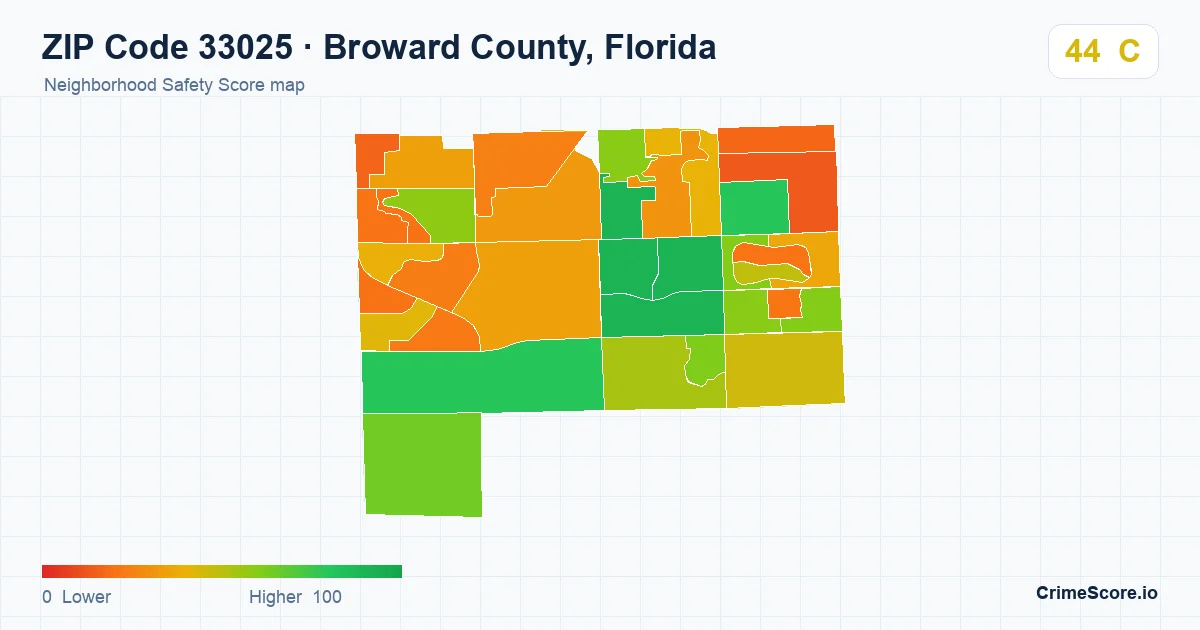 ZIP Code 33025 in Broward County, Florida neighborhood Safety Score map