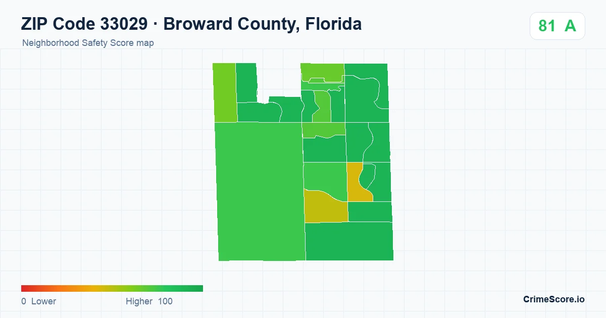 ZIP Code 33029 in Broward County, Florida neighborhood Safety Score map
