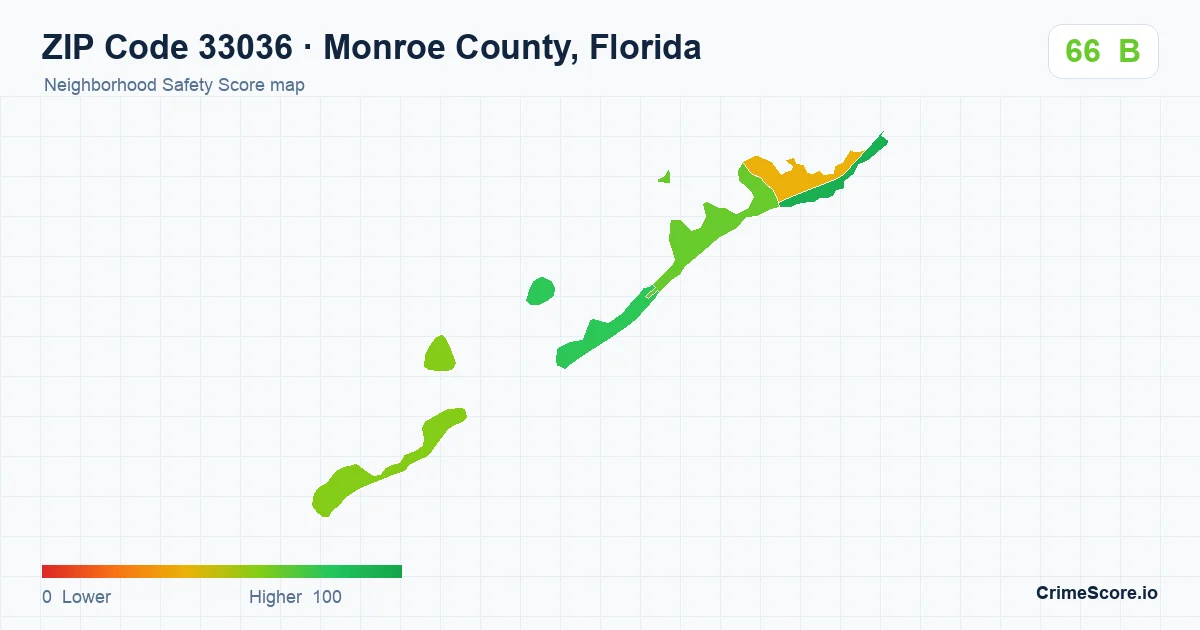 ZIP Code 33036 in Monroe County, Florida neighborhood Safety Score map