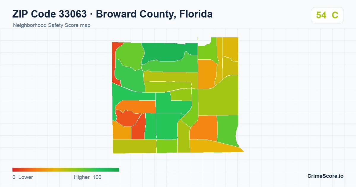 ZIP Code 33063 in Broward County, Florida neighborhood Safety Score map