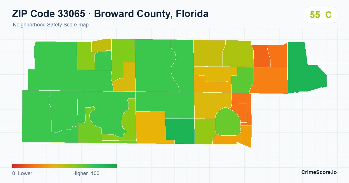 ZIP Code 33065 in Broward County, Florida neighborhood Safety Score map