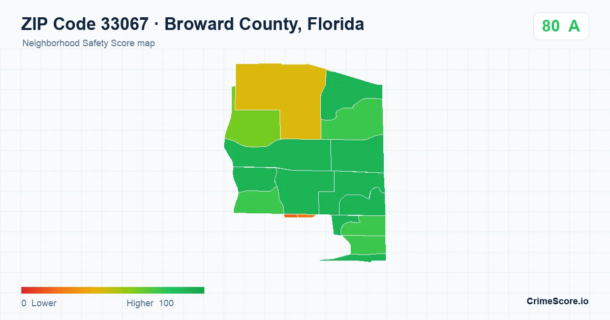 ZIP Code 33067 in Broward County, Florida neighborhood Safety Score map