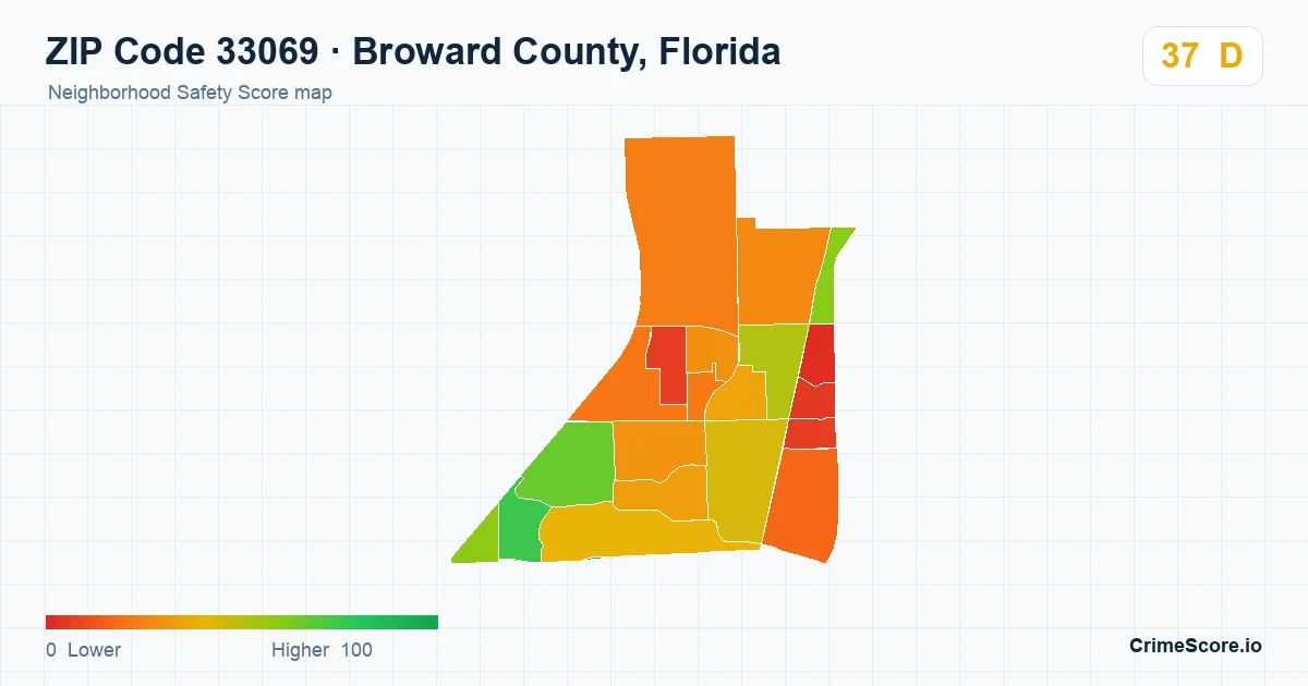 ZIP Code 33069 in Broward County, Florida neighborhood Safety Score map