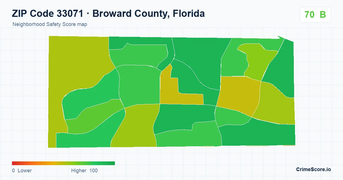 ZIP Code 33071 in Broward County, Florida neighborhood Safety Score map