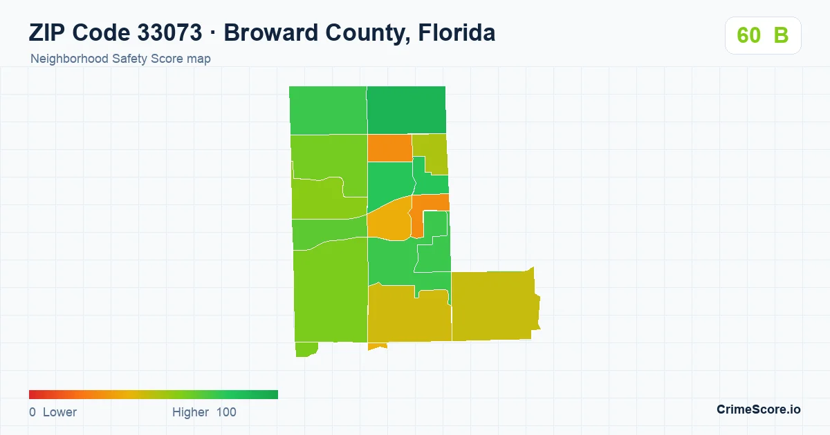 ZIP Code 33073 in Broward County, Florida neighborhood Safety Score map