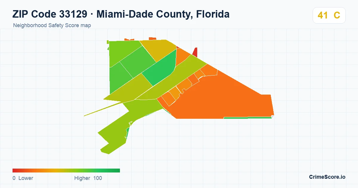 ZIP Code 33129 in Miami-Dade County, Florida neighborhood Safety Score map